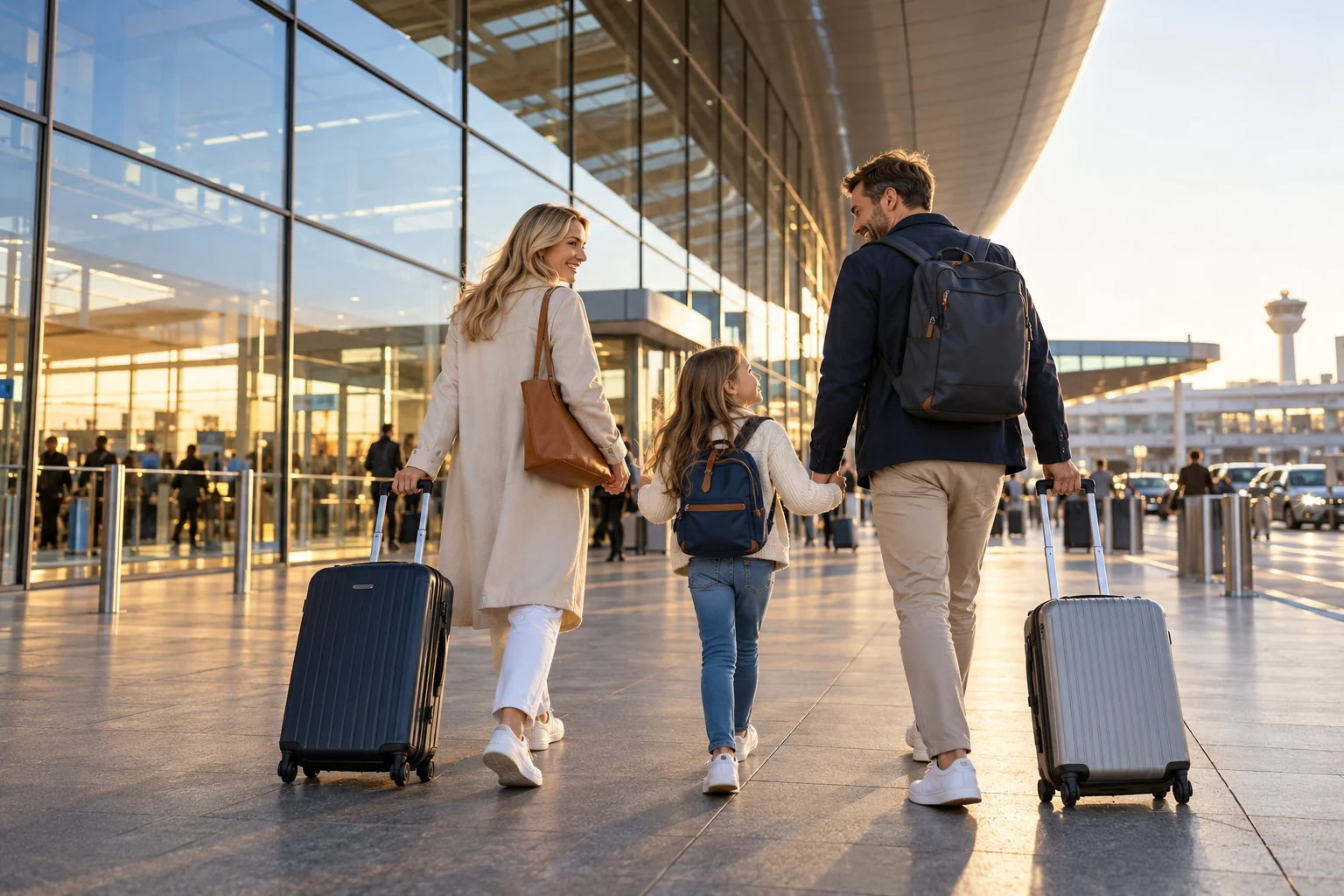 Familie mit Reisekoffern vor einem modernen Flughafenterminal – KI-Symbolbild